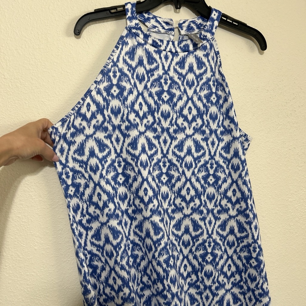 Blue and White Ikat High Neck Halter Midi Dress (Size L) - Picture 3 of 7
